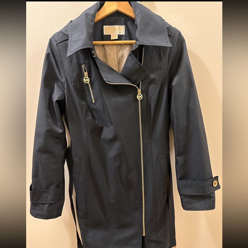 MK hooded double breasted trench coat